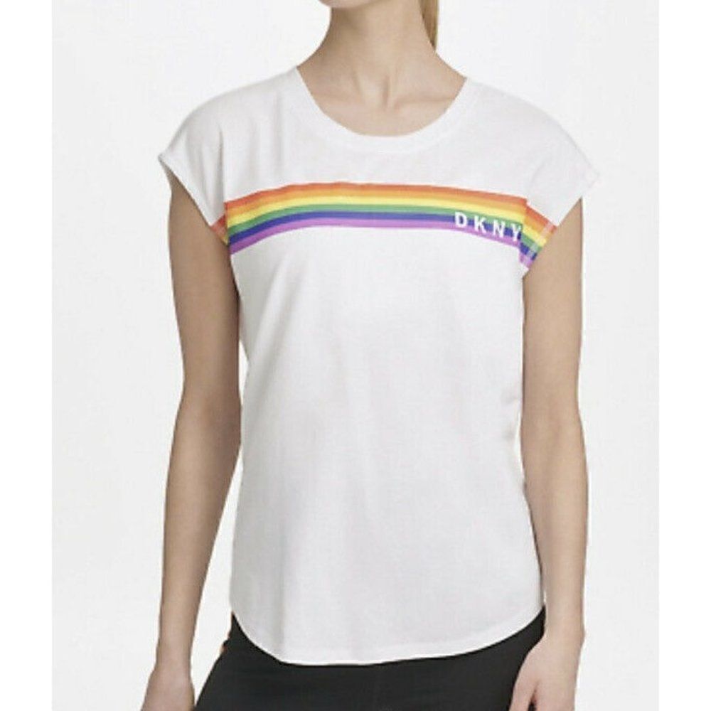 DKNY Sport White Rainbow Striped Logo Tank Top Women's Large NWT